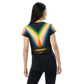 Close-up of SurArt 69 crop tee bold print detail.